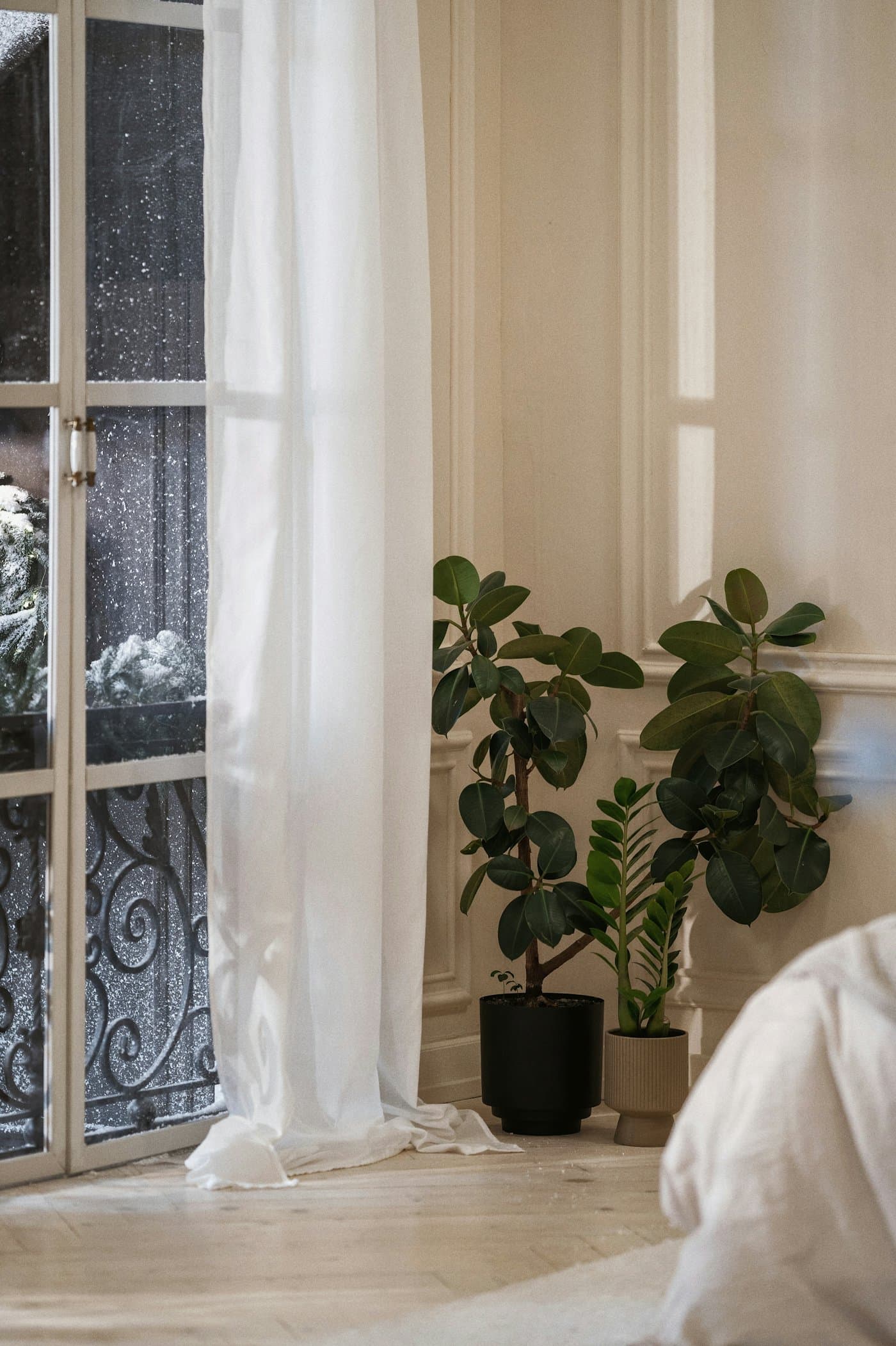 Bedroom corner with long white sheer curtains pooling at a French window with an iron balcony rail, potted fig plants and the edge of a white bed in soft daylight